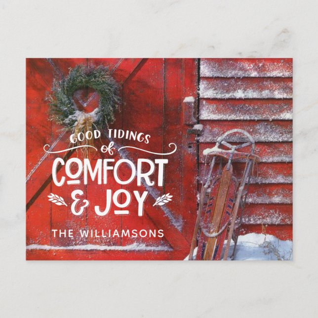 Red Christmas Barn Country Script Comfort and Joy  Holiday Postcard (Front)
