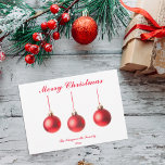 Red Christmas Baubles decoration photo flat card<br><div class="desc">Unique and amazing Holiday flat card for your Christmas greetings.

Some red Christmas Baubles with text "Merry Christmas",  which is customizable..</div>
