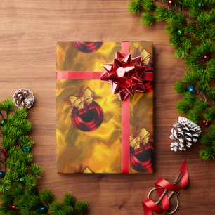 Red Christmas Baubles on Gold Wrapping Paper