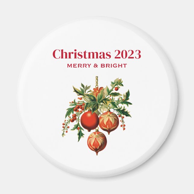 Red Christmas Baubles with Holly Festive Magnet (Front)