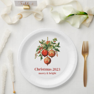 Red Christmas Baubles with Holly Festive Paper Plate