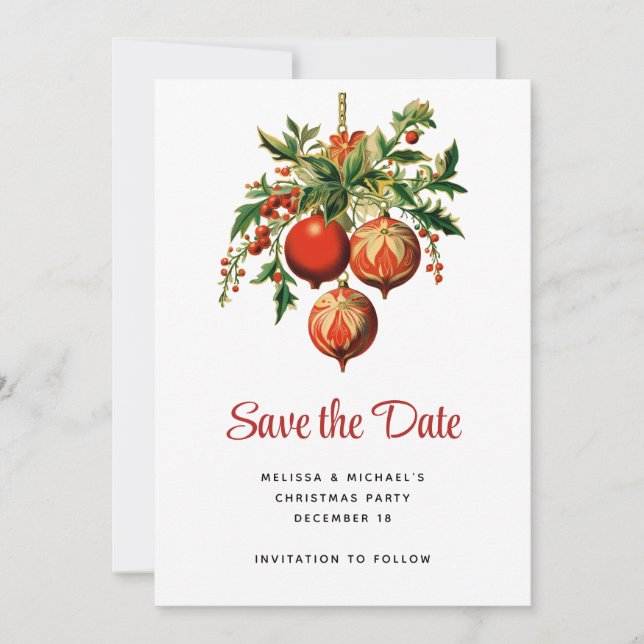 Red Christmas Baubles with Holly Festive Save The Date (Front)