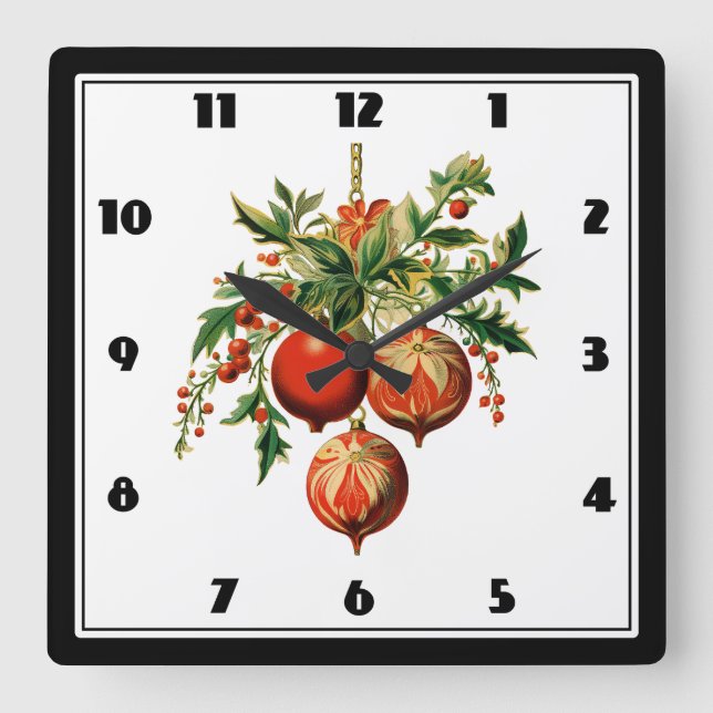 Red Christmas Baubles with Holly Festive Square Wall Clock (Front)