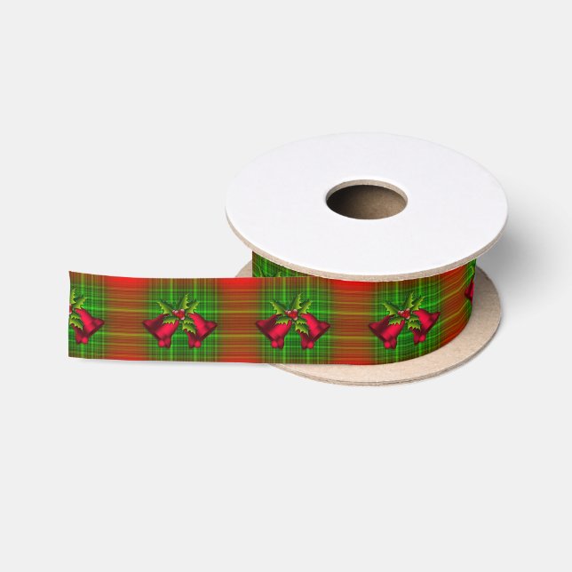 Red Christmas Bells on Tartan Satin Ribbon (Spool)