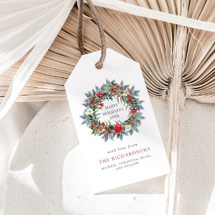 Red Christmas Berries and Pine Wreath Holiday Gift Tags