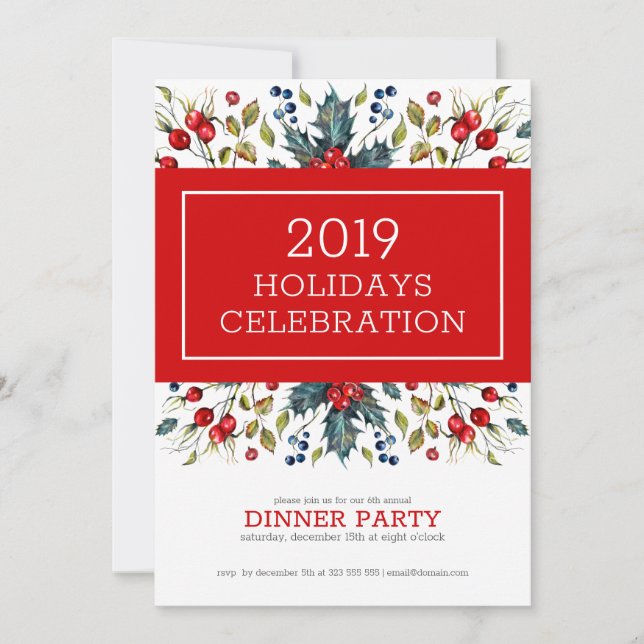 Red Christmas berries Holiday dinner invite (Front)