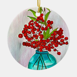 Red Christmas Berries watercolor fine art Ceramic Ornament