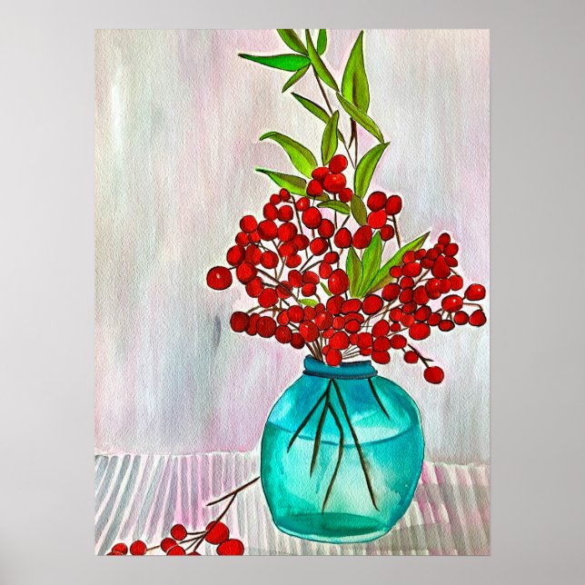 Red Christmas Berries watercolor fine art Poster (Front)