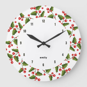 Red Christmas berries wreath Large Clock