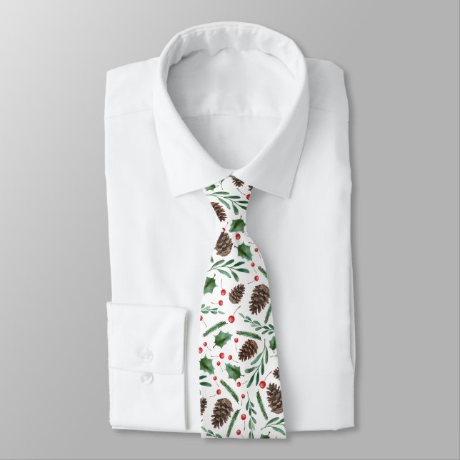 Red Christmas Berry Pinecone Pattern Holiday Tie (Tied)