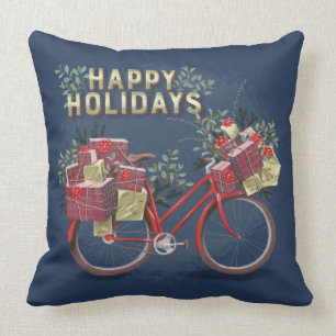 Red Christmas Bicycle with Presents Throw Pillow
