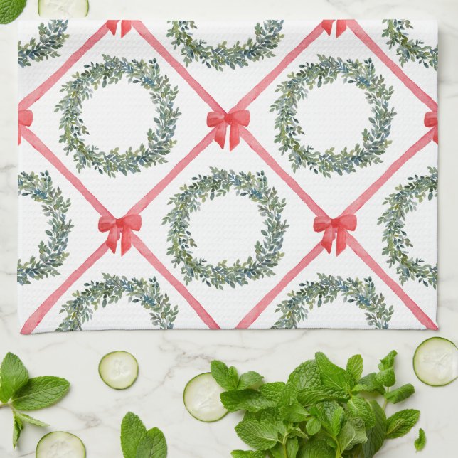 Red Christmas bow and Ribbon Kitchen Towel (Folded)