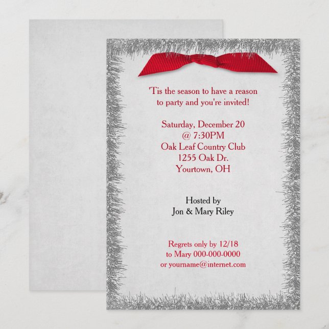 Red Christmas Bow and Silver Tinsel Invitation (Front/Back)