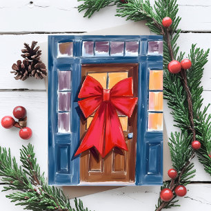Red Christmas Bow Door Wreath Watercolor Holiday Postcard