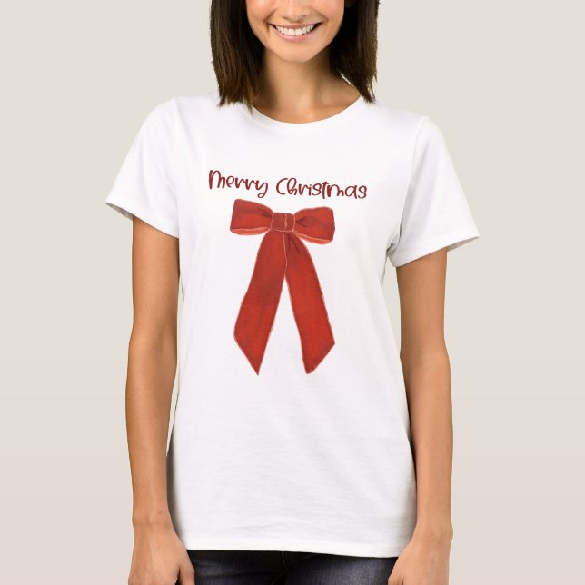 Red Christmas Bow with Merry Christmas Text T-Shirt (Front)
