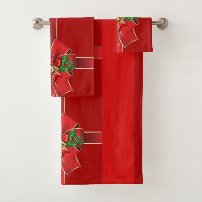 Red Christmas Bows Bells Holidays Bath Towel Set (Insitu)