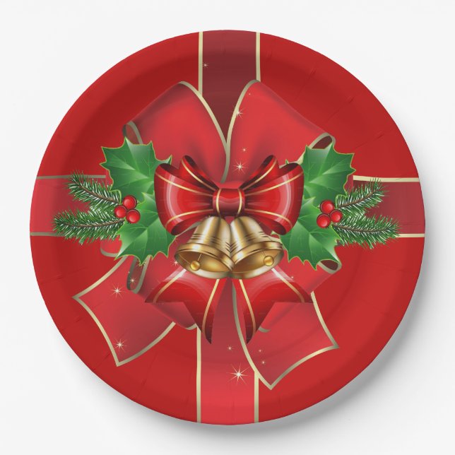 Red Christmas Bows Bells Holly Holiday Paper Plate (Front)
