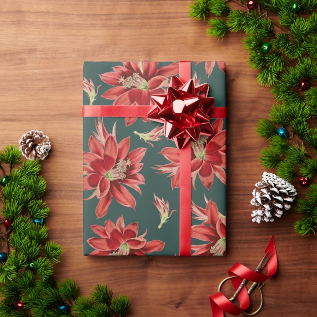 Red Christmas Cactus Flowers on Evergreen Wrapping Paper (Holiday Gift)