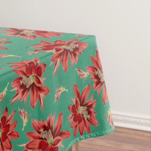 Red Christmas Cactus Flowers on Green Pattern Tablecloth