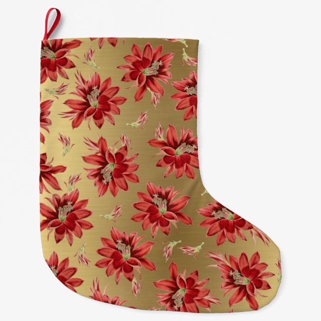 Red Christmas Cactus Flowers on Shiny Gold Large Christmas Stocking (Front)