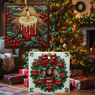 Red Christmas Candle Customizable Square Ceramic Ornament