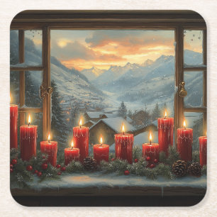 Red Christmas Candles Pine Cones Beautiful Winter Square Paper Coaster
