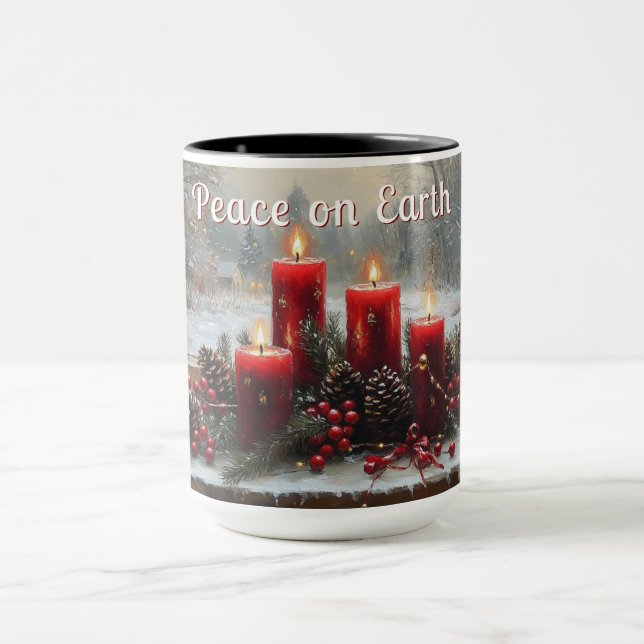 Red Christmas Candles Pine Cones Peace on Earth  Mug (Center)