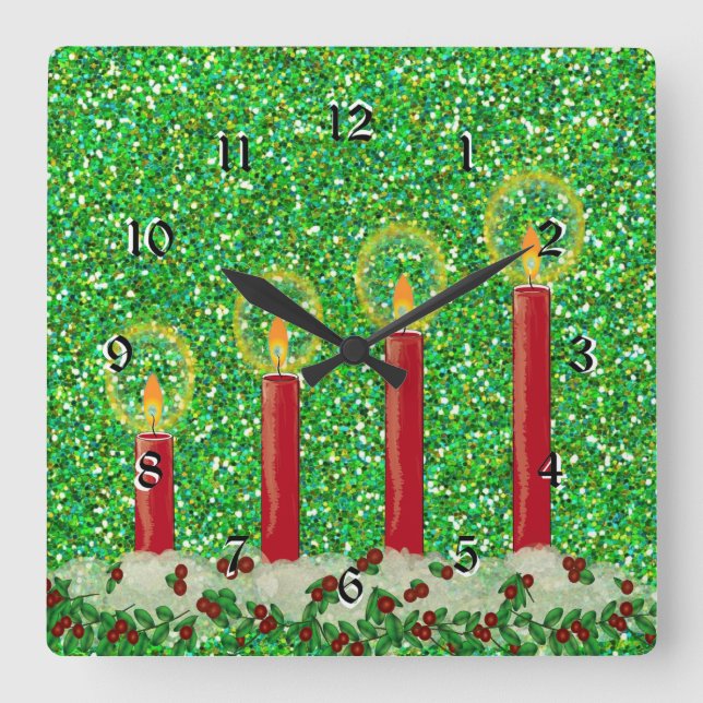 Red Christmas Candles, pretty sparkling design Square Wall Clock (Front)