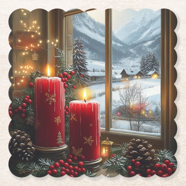 Red Christmas Candles Red Berries Pine Cones  Paper Coaster (Front)