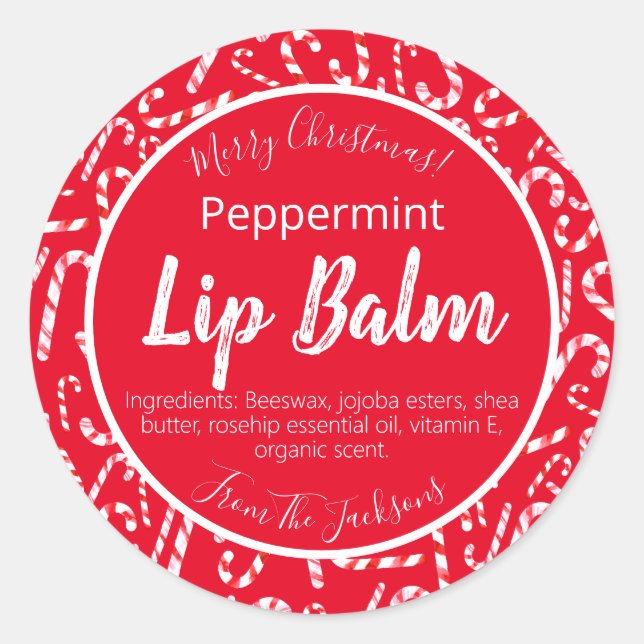 Red Christmas Candy Cane Peppermint Lip Balm Label (Front)