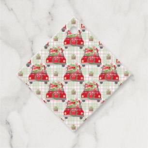 Red Christmas Car Full Of Gifts - Plaid Background Favour Tags