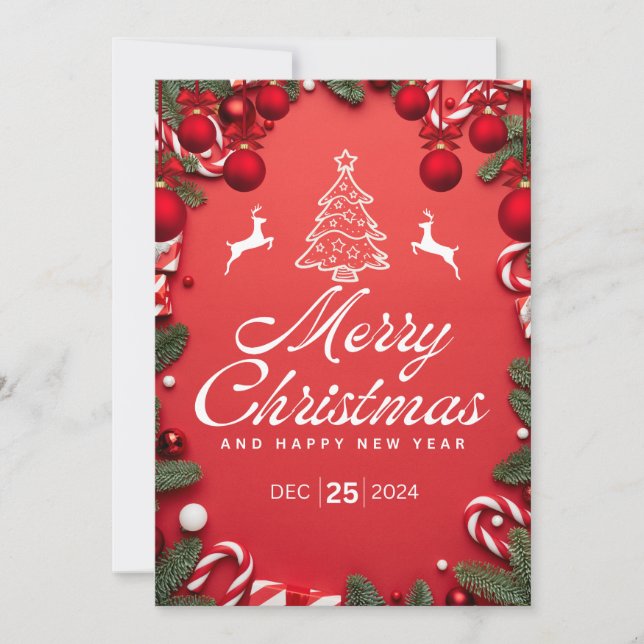 Red Christmas Card with Tree + Reindeer Festivity (Front)