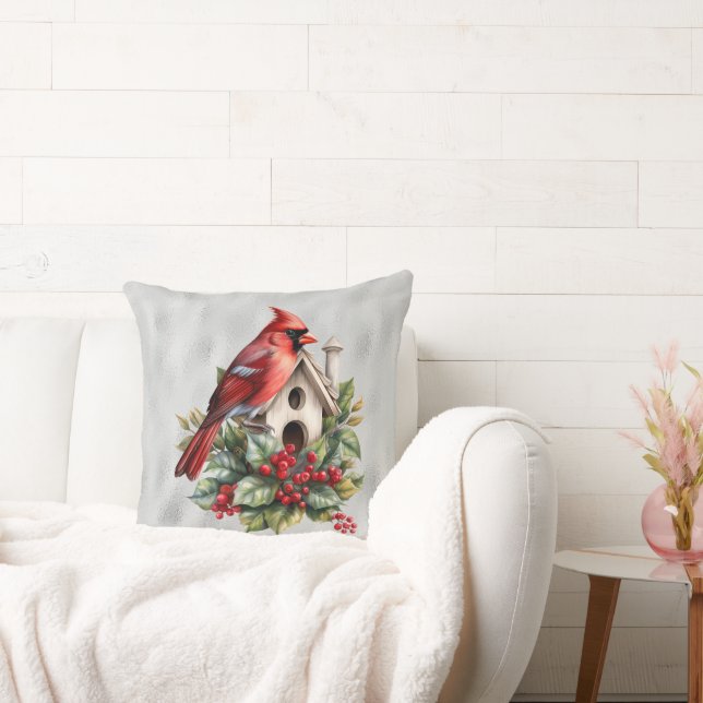 Red Christmas Cardinal At the Bird House  Throw Pillow (Couch)