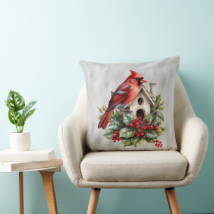 Red Christmas Cardinal At the Bird House Throw Pillow