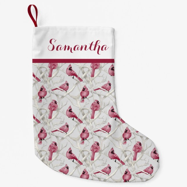 Red Christmas Cardinal Birds Personalized Name Small Christmas Stocking (Front)