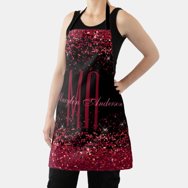 RED CHRISTMAS CHUNKY GLITTER CUSTOM MONOGRAM APRON (Insitu)