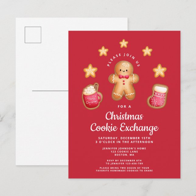 Red Christmas Cookie Exchange Cute Gingerbread Man Invitation Postcard (Front/Back)