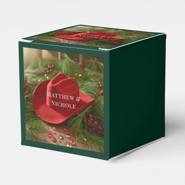 Red Christmas Cowboy Hat Wedding Favor Box (Front Side)