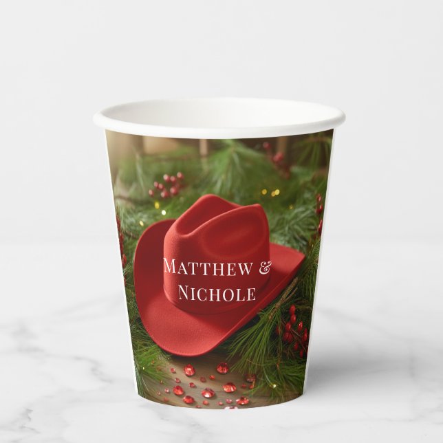 Red Christmas Cowboy Hat Wedding Paper Cups (Front)
