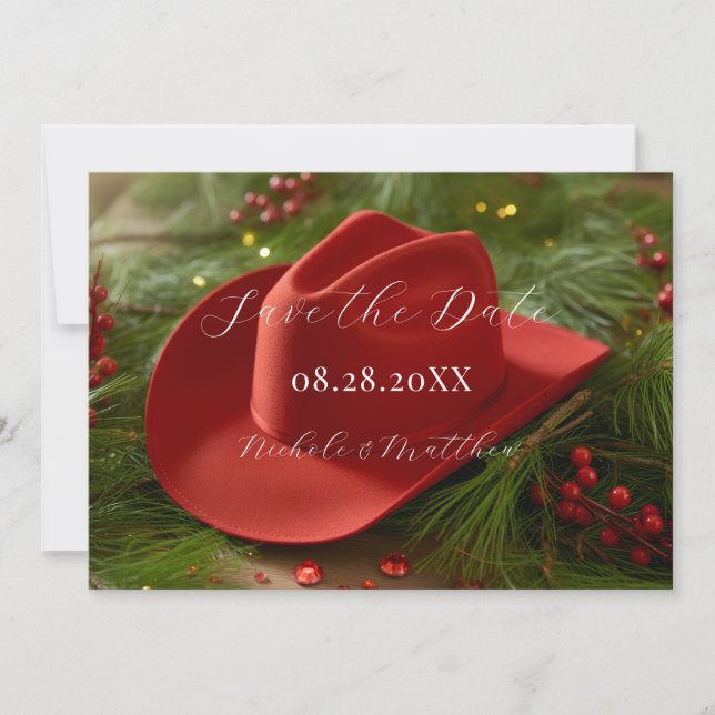 Red Christmas Cowboy Hat Wedding Save The Date (Front)