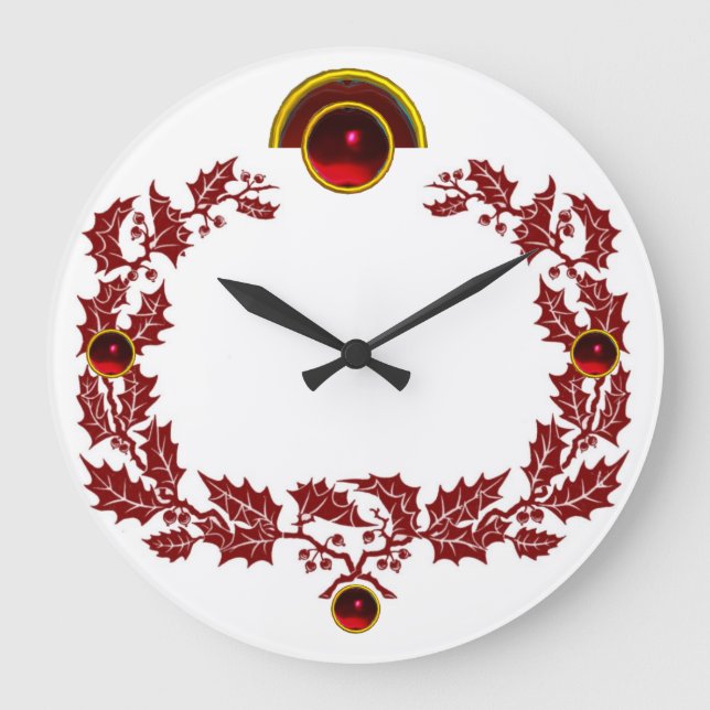 RED CHRISTMAS CROWN WITH HOLLY BERRIES AND RUBIES LARGE CLOCK (Front)