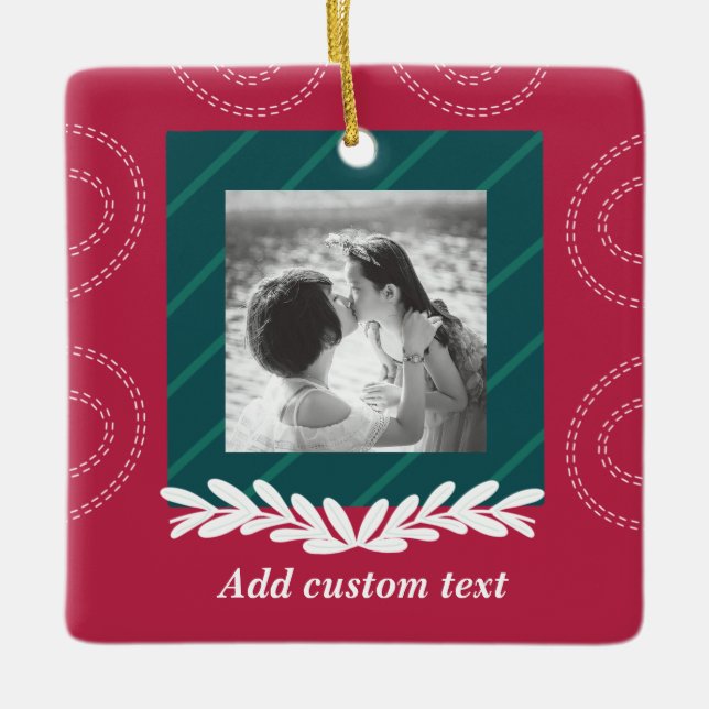 Red christmas customizable photo elegant ceramic ornament (Front)