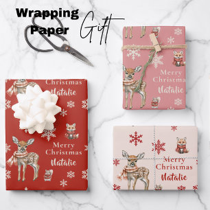 Red Christmas Deer & Fox Personalized Wrapping Paper Sheet