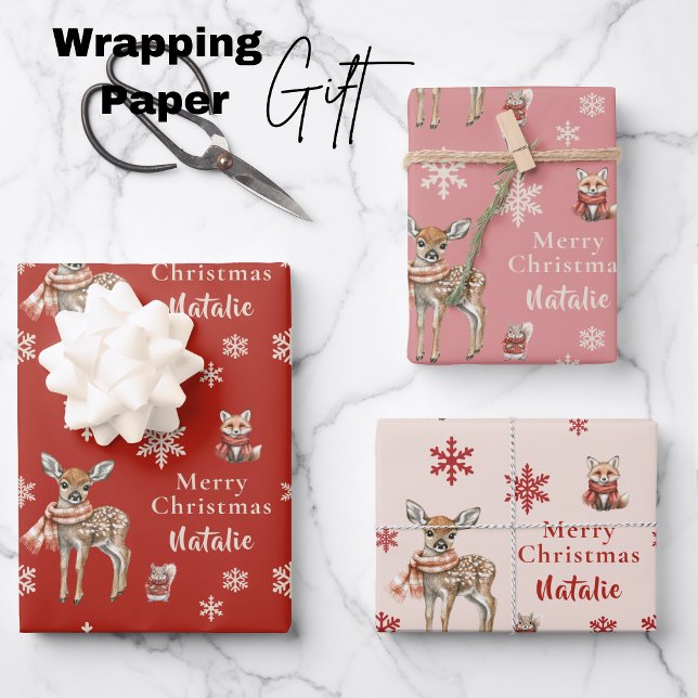 Red Christmas Deer & Fox Personalized Wrapping Paper Sheet (Red Christmas Deer & Fox Personalized Wrapping Paper Sheets)