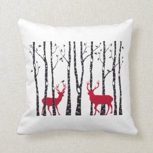 Red Christmas deers in birch tree forest Throw Pillow
