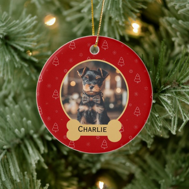 Red Christmas Dog Name Holiday Keepsake Ceramic Ornament (Tree)