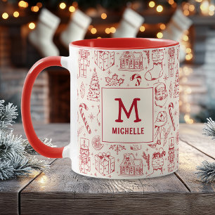 Red Christmas Doodle Monogram and Name Mug