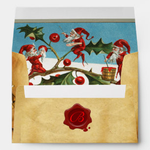 RED CHRISTMAS ELVES,HOLLYBERRIES Wax Seal Monogram Envelopes