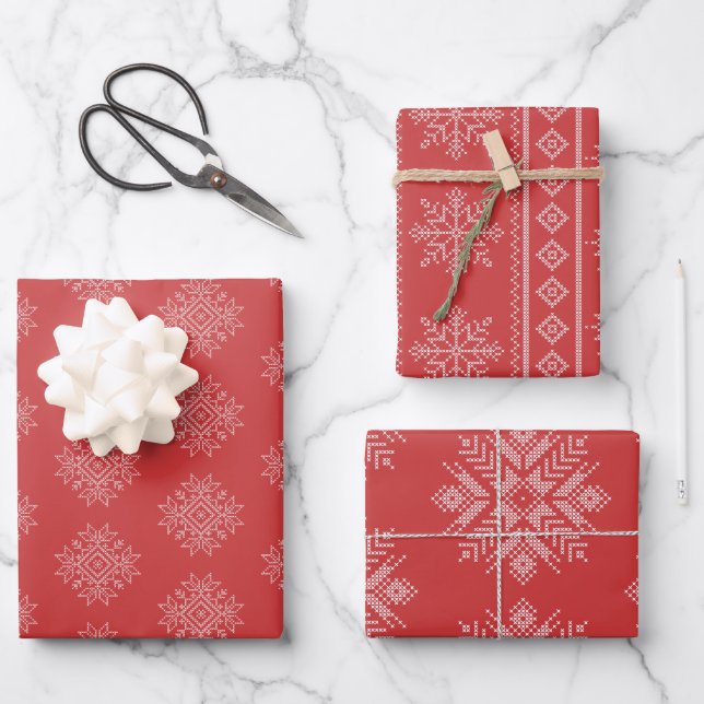 Red christmas embroidery nordic snowflake art   wrapping paper sheet (Front)