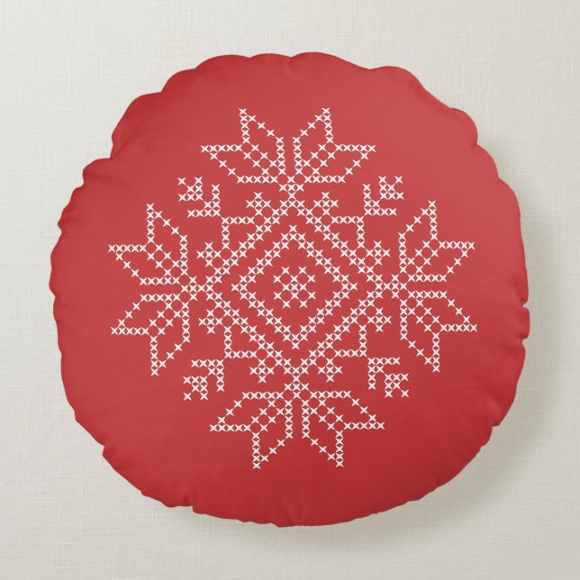 Red christmas embroidery snowflake art seasonal  round pillow (Front)